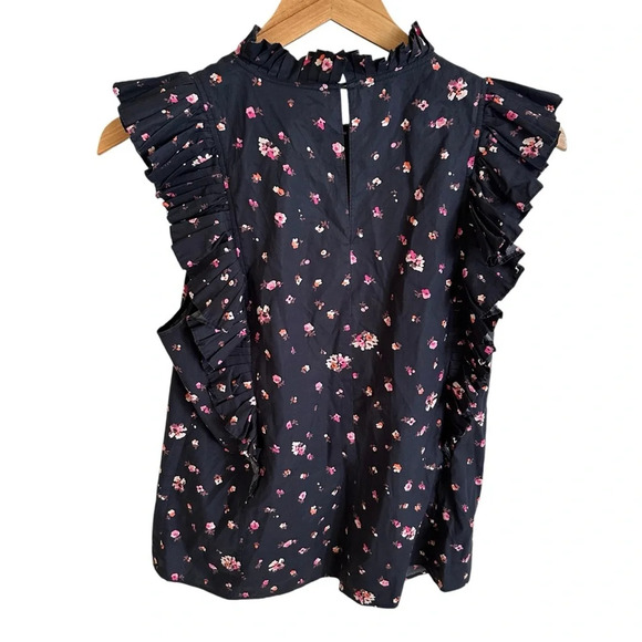 Rebecca Taylor size 8 Navy Blue Ruffle Sleeveless Blouse Top Floral high neck - Picture 2 of 5